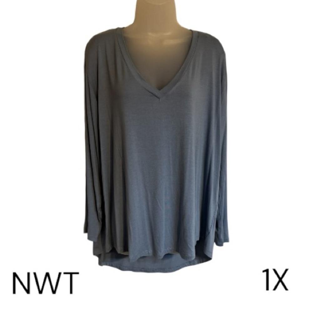 NWT Wonderly Blue Long Sleeve V-Neck Top PLUS: 1X CL57